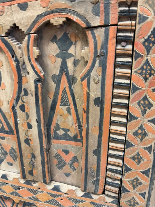 Morocco Medina Antique Painted Orange and Black Zouak Geometric 1/2 Door with Moorish Arch Motifs