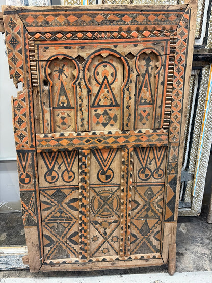 Morocco Medina Antique Painted Orange and Black Zouak Geometric 1/2 Door with Moorish Arch Motifs