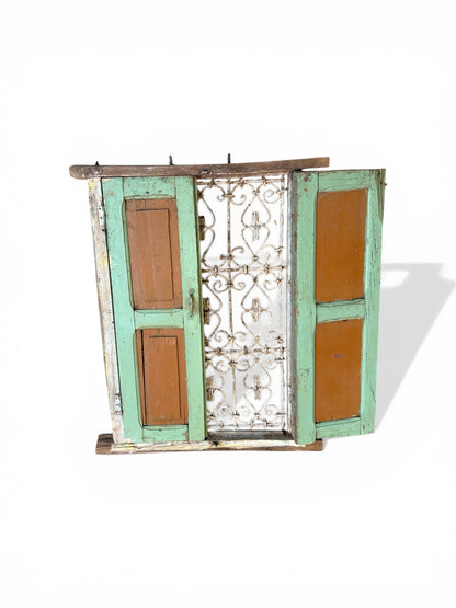 Morocco Medina Antique Distressed Green and Orange Painted Wood Window Doors with Decorative White Metal Grate