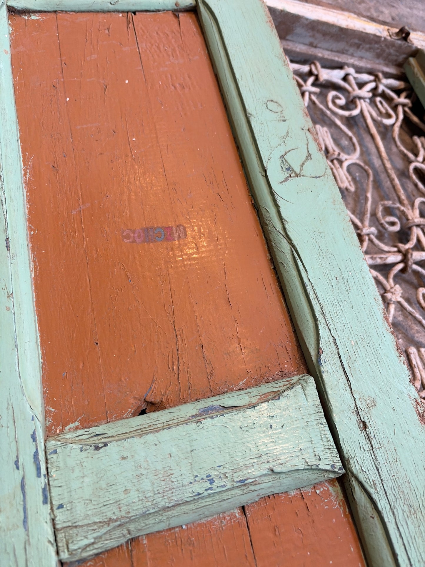 Morocco Medina Antique Distressed Green and Orange Painted Wood Window Doors with Decorative White Metal Grate