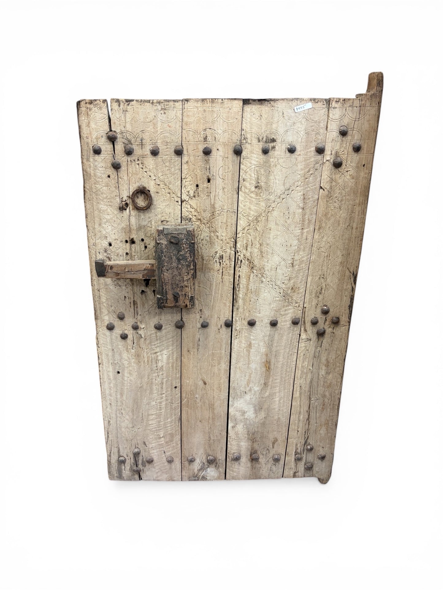Morocco Medina Antique Hand-Engraved Pale Wood Geometric 1/2 Door with Iron Studs and Wooden Slide Lock
