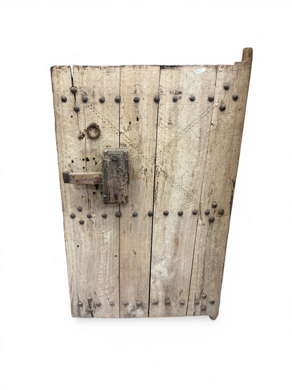 Morocco Medina Antique Hand-Engraved Pale Wood Geometric 1/2 Door with Iron Studs and Wooden Slide Lock