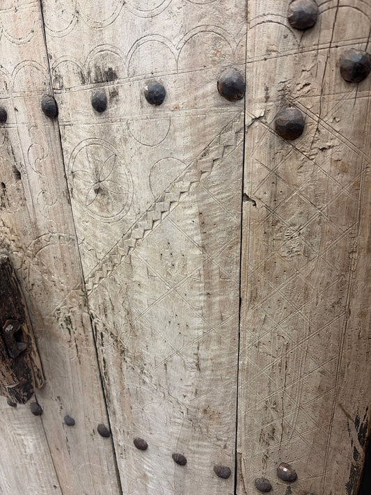 Morocco Medina Antique Hand-Engraved Pale Wood Geometric 1/2 Door with Iron Studs and Wooden Slide Lock
