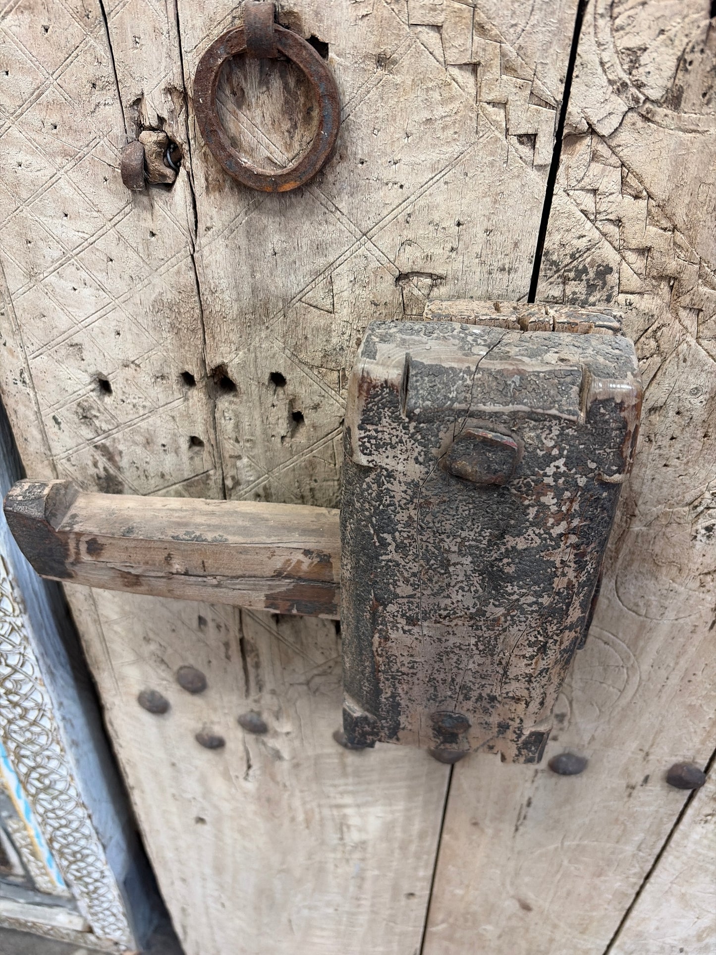 Morocco Medina Antique Hand-Engraved Pale Wood Geometric 1/2 Door with Iron Studs and Wooden Slide Lock