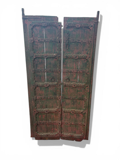 Morocco Medina Antique Distressed Pink and Green Patina Carved Wood Dual Doors with Iron Chain Lock