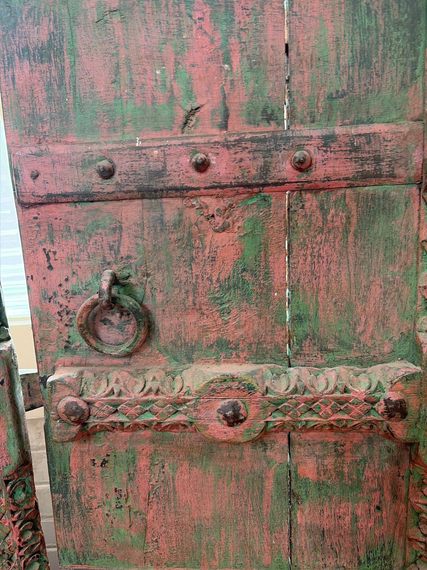 Morocco Medina Antique Distressed Pink and Green Patina Carved Wood Dual Doors with Iron Chain Lock