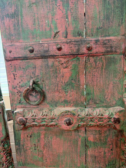 Morocco Medina Antique Distressed Pink and Green Patina Carved Wood Dual Doors with Iron Chain Lock