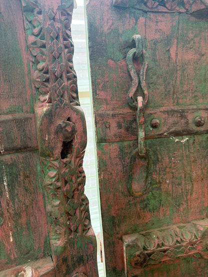 Morocco Medina Antique Distressed Pink and Green Patina Carved Wood Dual Doors with Iron Chain Lock