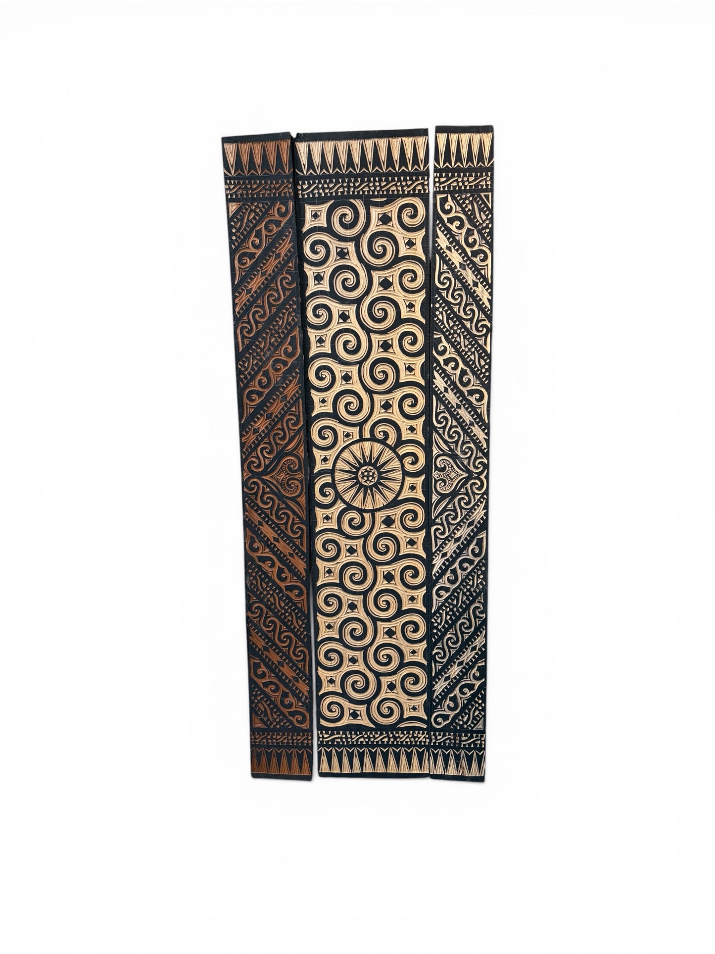 Bali Earthform Large Hand-Carved Tritone Wood Decorative Panel with Geometric Spiral Motifs