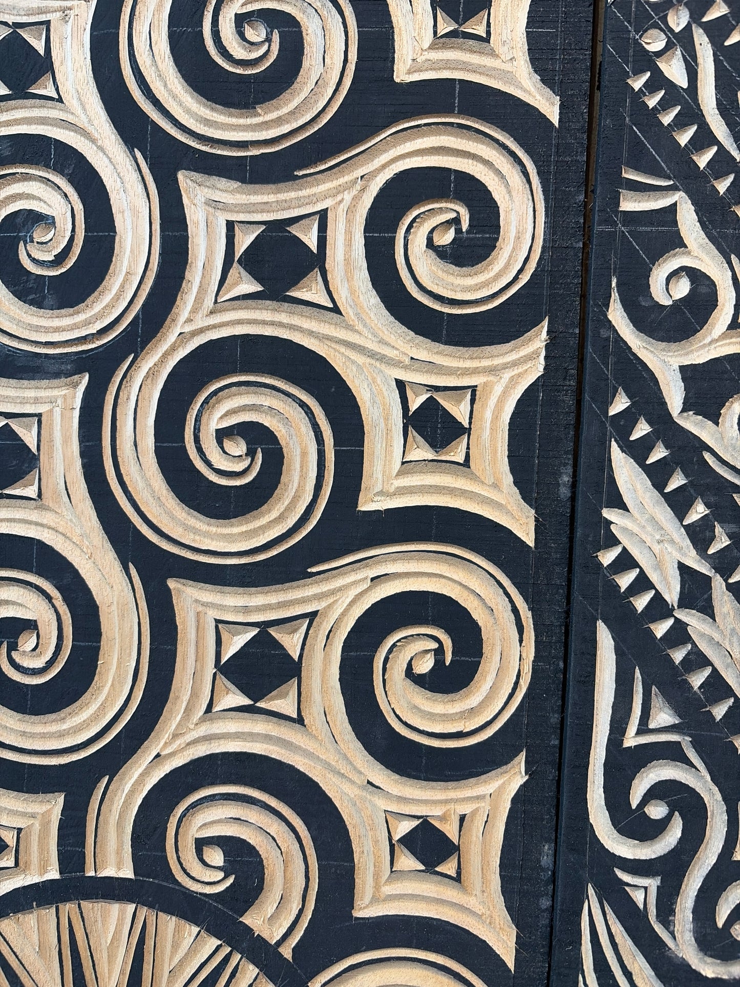 Bali Earthform Large Hand-Carved Tritone Wood Decorative Panel with Geometric Spiral Motifs