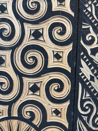 Bali Earthform Large Hand-Carved Tritone Wood Decorative Panel with Geometric Spiral Motifs