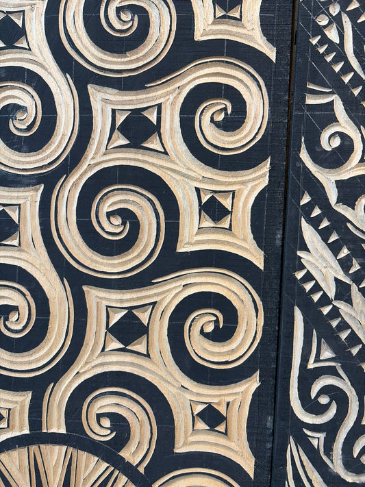 Bali Earthform Large Hand-Carved Tritone Wood Decorative Panel with Geometric Spiral Motifs