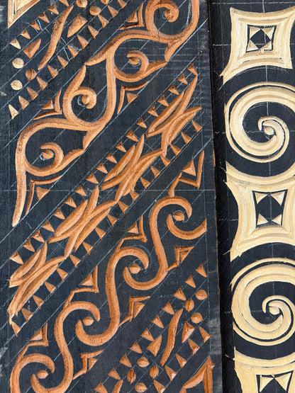 Bali Earthform Large Hand-Carved Tritone Wood Decorative Panel with Geometric Spiral Motifs