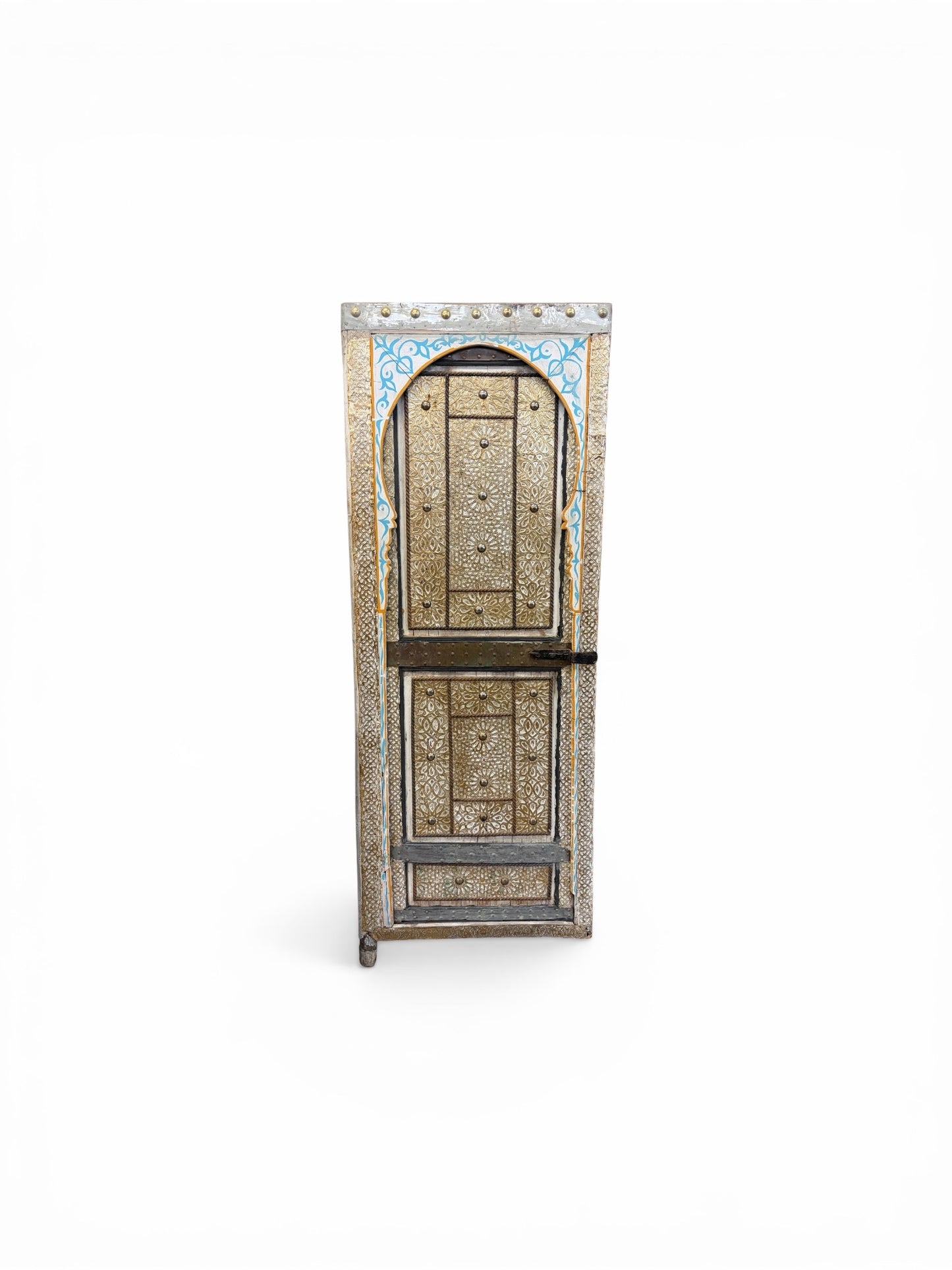 Morocco Medina Antique Painted White and Blue Wood Door with Embossed Gold Geometric Star Inlay and Iron Latch
