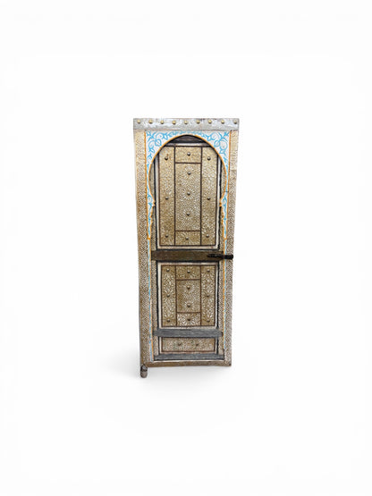 Morocco Medina Antique Painted White and Blue Wood Door with Embossed Gold Geometric Star Inlay and Iron Latch