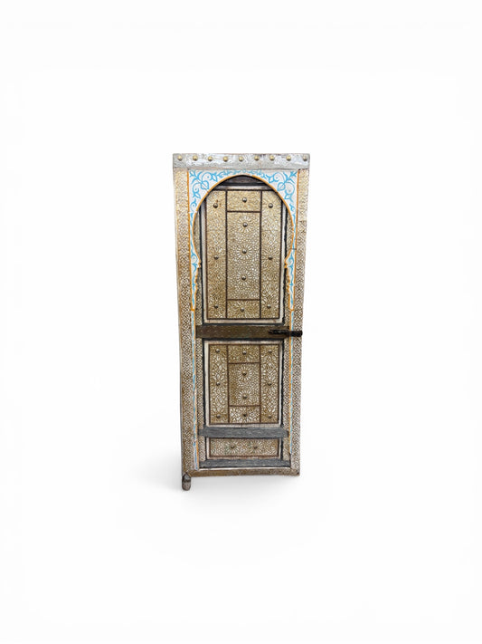 Morocco Medina Antique Painted White and Blue Wood Door with Embossed Gold Geometric Star Inlay and Iron Latch