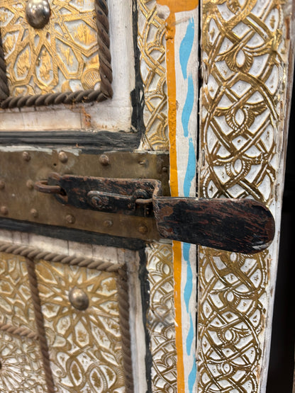 Morocco Medina Antique Painted White and Blue Wood Door with Embossed Gold Geometric Star Inlay and Iron Latch