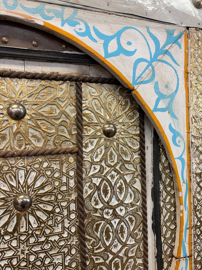 Morocco Medina Antique Painted White and Blue Wood Door with Embossed Gold Geometric Star Inlay and Iron Latch