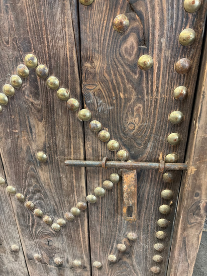 Morocco Medina Antique Dark Wood 1/2 Door with Geometric Metal Studs and Iron Deadbolt