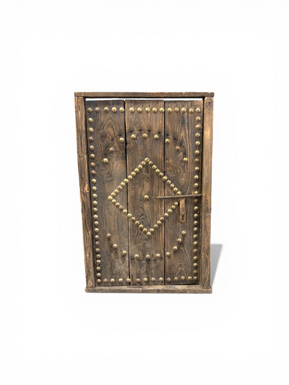 Morocco Medina Antique Dark Wood 1/2 Door with Geometric Metal Studs and Iron Deadbolt