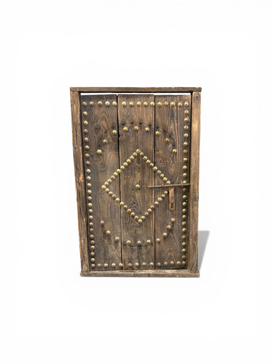 Morocco Medina Antique Dark Wood 1/2 Door with Geometric Metal Studs and Iron Deadbolt