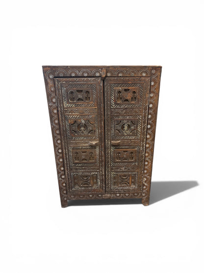 Morocco Medina Antique Hand-Carved Dark Wood Three-Tier Cabinet with White Geometric Inlay