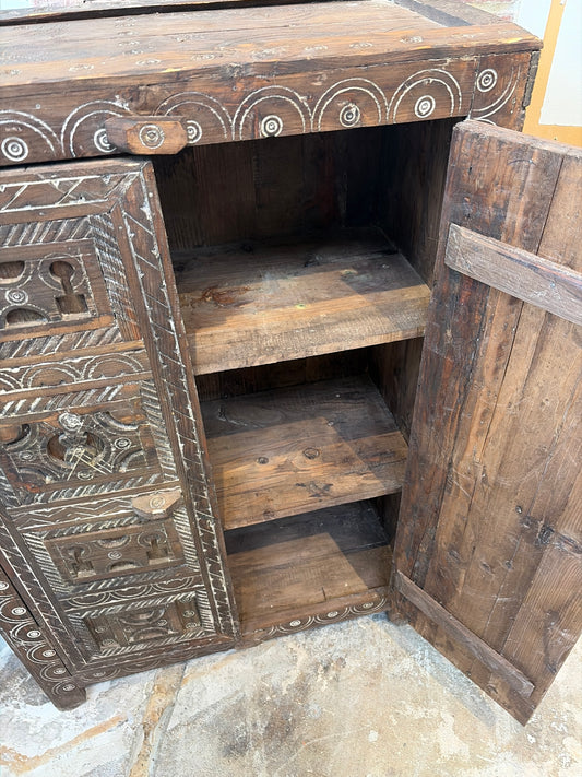 Morocco Medina Antique Hand-Carved Dark Wood Three-Tier Cabinet with White Geometric Inlay