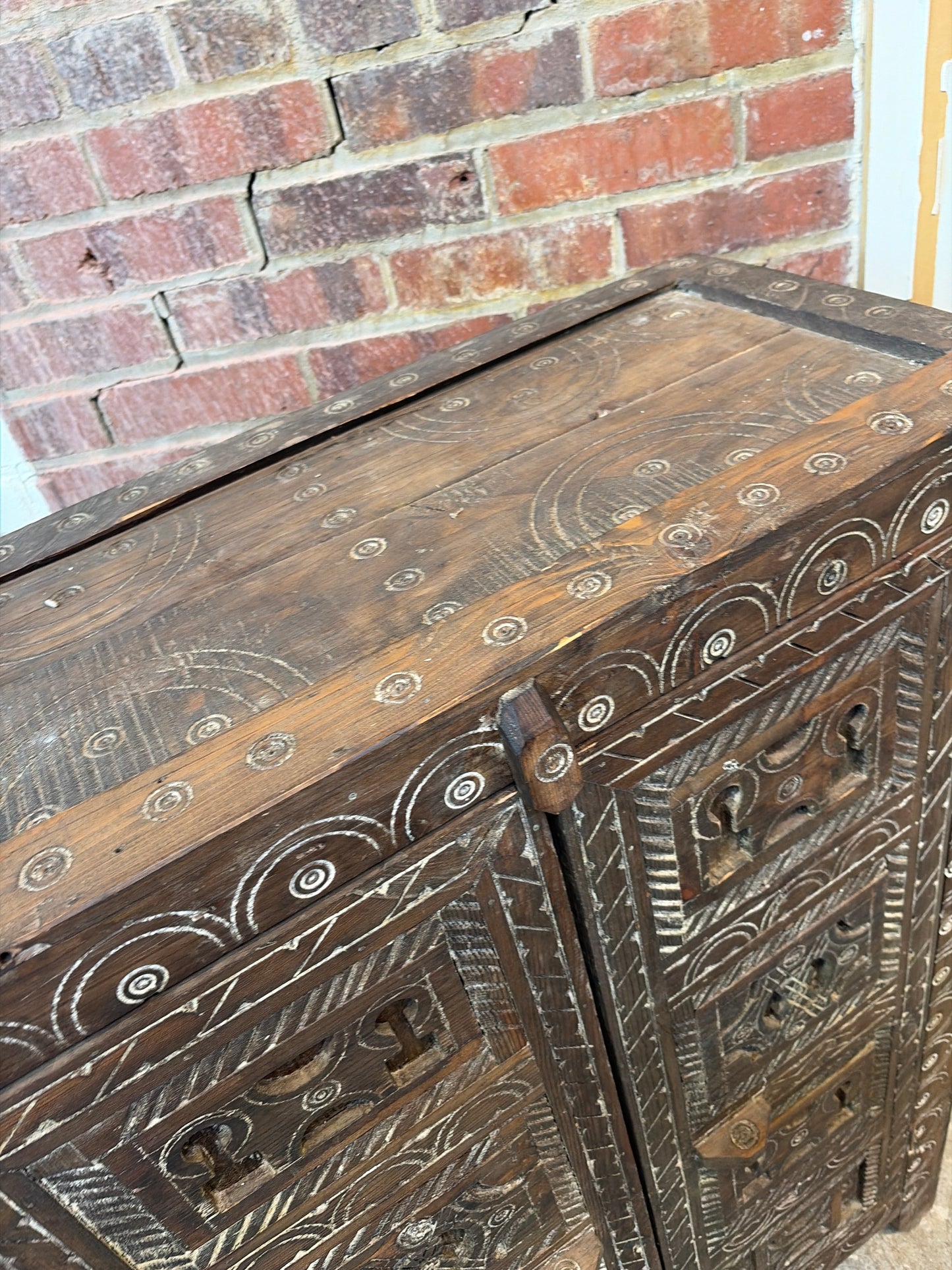 Morocco Medina Antique Hand-Carved Dark Wood Three-Tier Cabinet with White Geometric Inlay