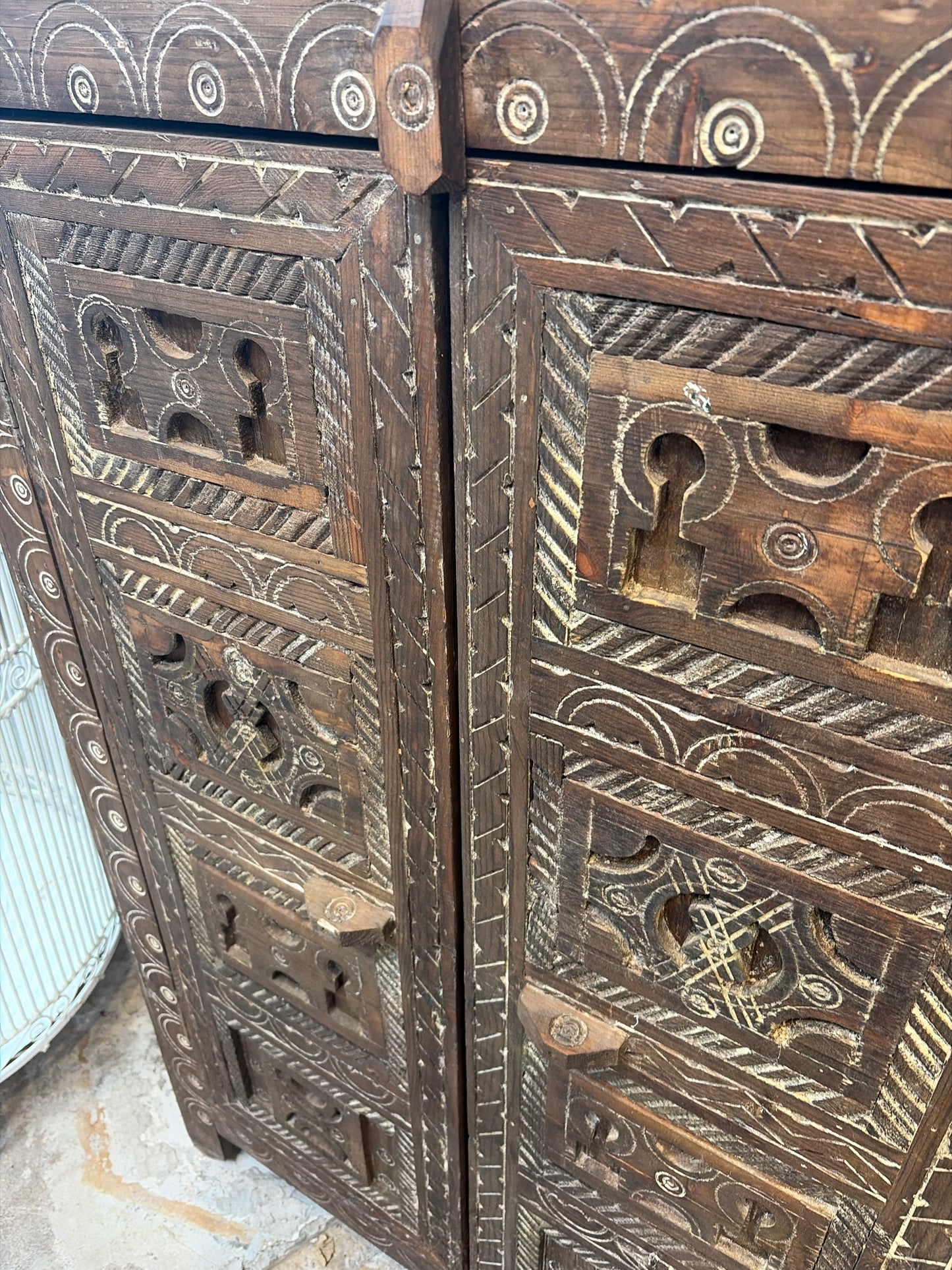 Morocco Medina Antique Hand-Carved Dark Wood Three-Tier Cabinet with White Geometric Inlay