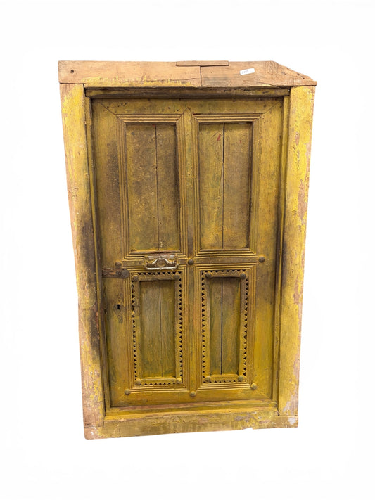 Morocco Medina Antique Distressed Yellow Painted Wood Paneled 1/2 Door with Iron Handle