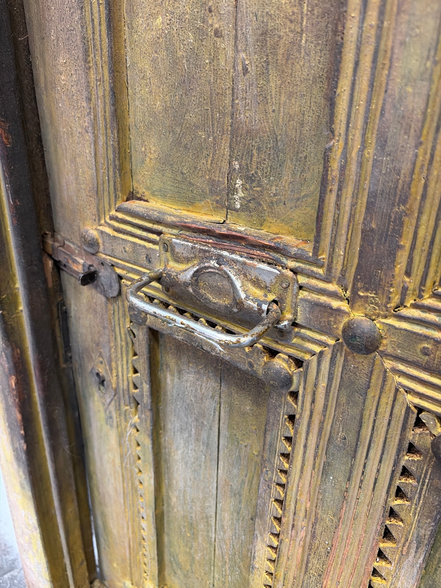 Morocco Medina Antique Distressed Yellow Painted Wood Paneled 1/2 Door with Iron Handle