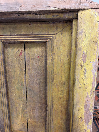 Morocco Medina Antique Distressed Yellow Painted Wood Paneled 1/2 Door with Iron Handle